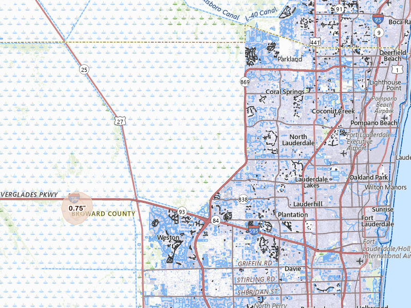 Radar-estimated hail-size map of the storm over Fort Lauderdale, FL on Jul 7, 2026