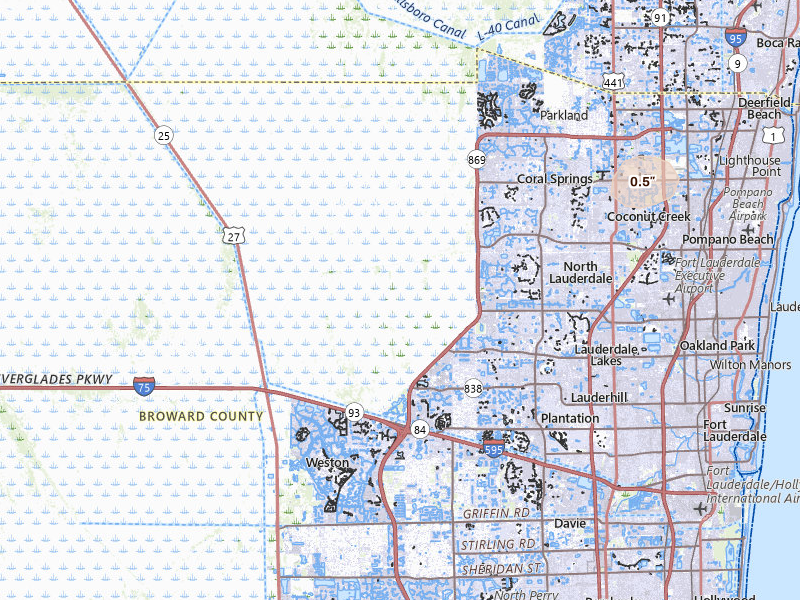 Radar-estimated hail-size map of the storm over Fort Lauderdale, FL on Jul 25, 2026