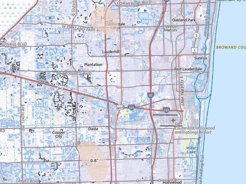 Radar-estimated hail-size map of the storm over Fort Lauderdale, FL on Jul 27, 2026