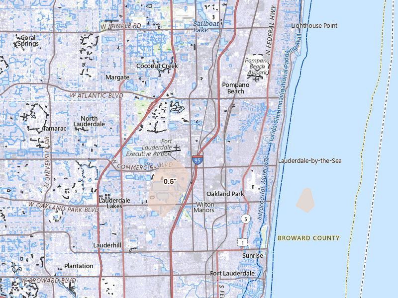 Radar-estimated hail-size map of the storm over Fort Lauderdale, FL on Aug 3, 2026