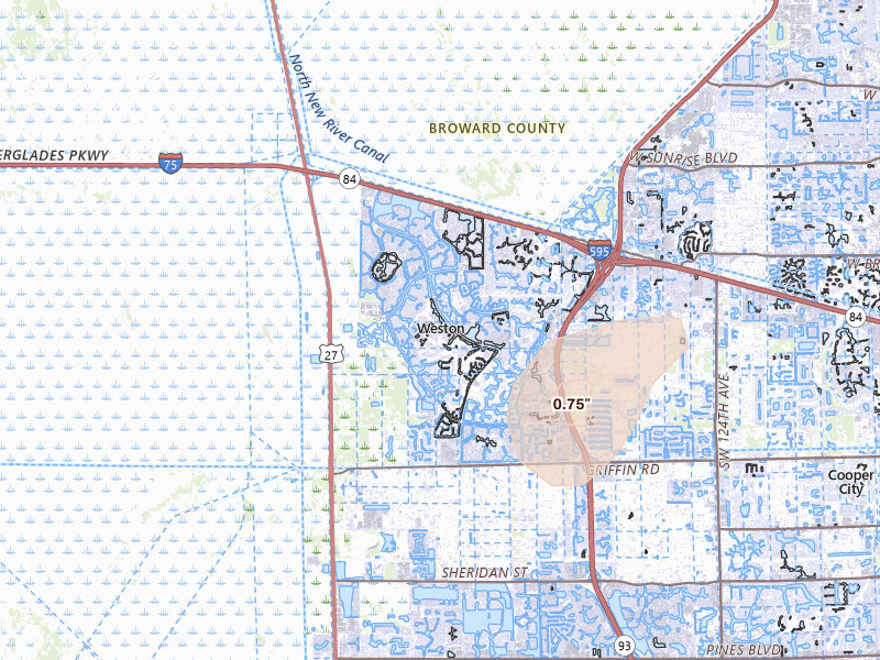 Radar-estimated hail-size map of the storm over Fort Lauderdale, FL on Aug 13, 2026