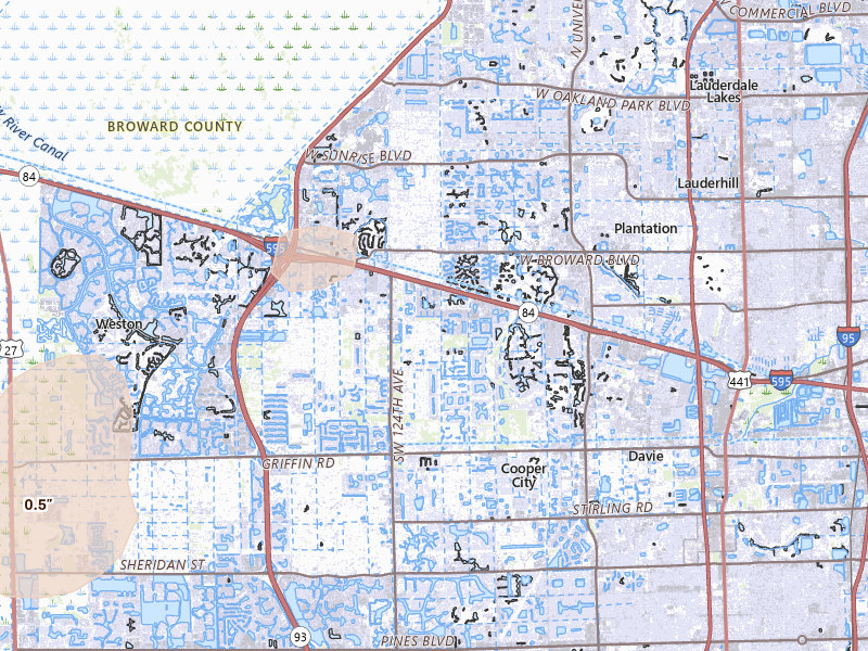 Radar-estimated hail-size map of the storm over Fort Lauderdale, FL on Aug 19, 2026