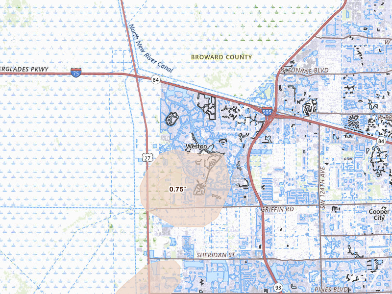 Radar-estimated hail-size map of the storm over Fort Lauderdale, FL on Aug 22, 2026