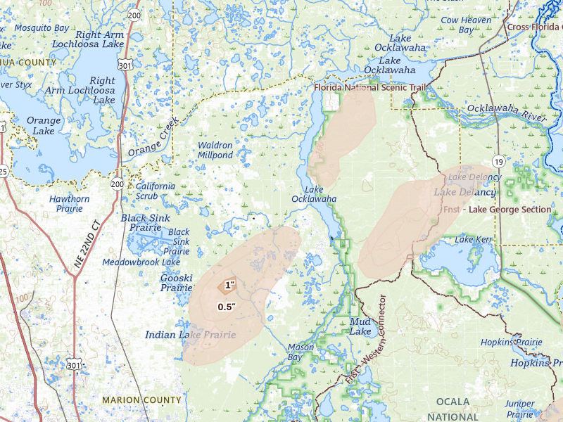 Radar-estimated hail-size map of the storm over Fort Mc Coy, FL on Mar 15, 2026