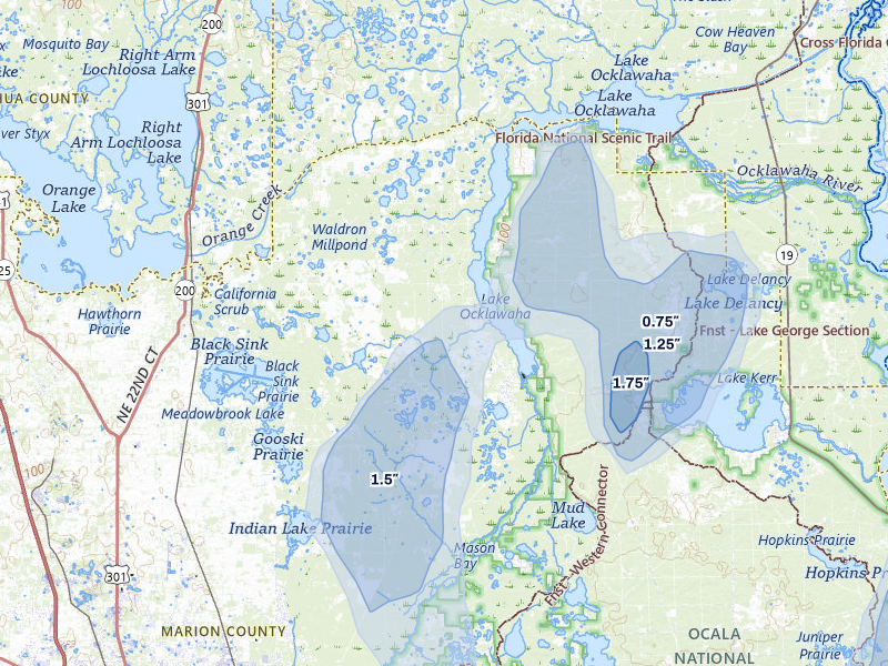 NEXRAD radar-signature map of the hail over Fort Mc Coy, FL
