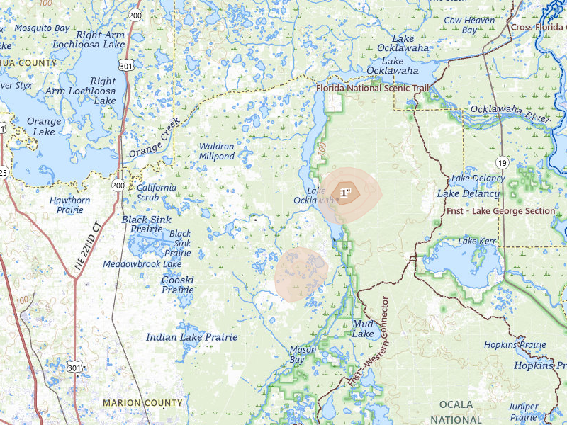 Radar-estimated hail-size map of the storm over Fort Mc Coy, FL on Jun 27, 2026