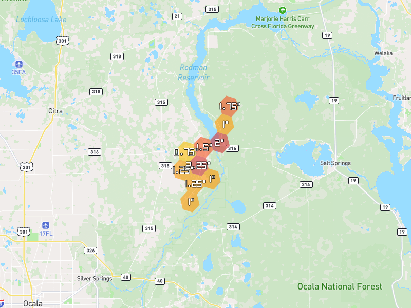 Hail map of Fort Mc Coy, FL on Jun 27, 2026, hail up to 2.25"