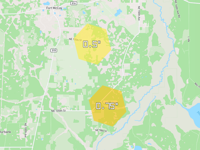 Hail map of Fort Mc Coy, FL on Jun 28, 2026, hail up to 0.75"