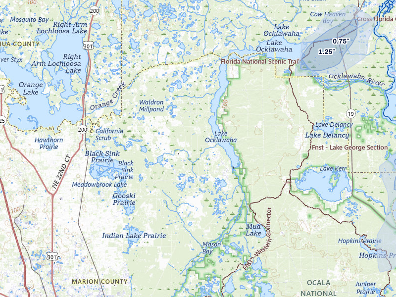 NEXRAD radar-signature map of the hail storm over Fort Mc Coy, FL on Jul 9, 2026