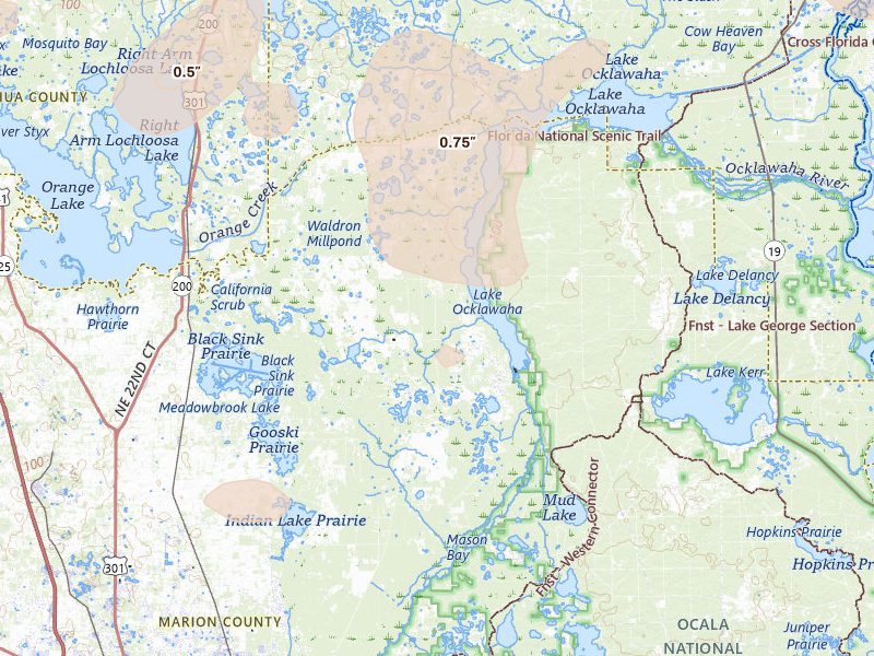 Radar-estimated hail-size map of the storm over Fort Mc Coy, FL on Jul 17, 2026