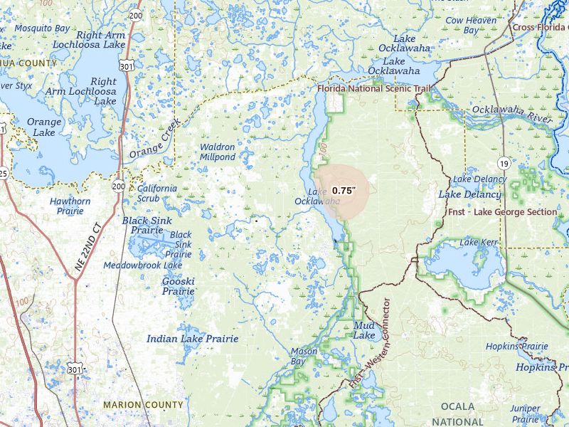 Radar-estimated hail-size map of the storm over Fort Mc Coy, FL on Jul 26, 2026