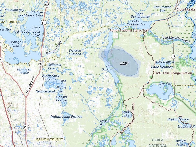 NEXRAD radar-signature map of the hail storm over Fort Mc Coy, FL on Jul 26, 2026