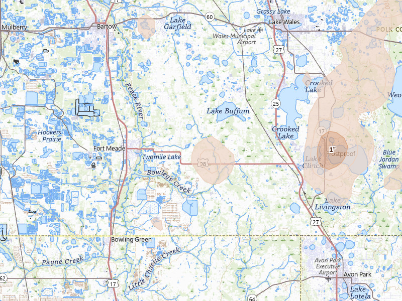 Radar-estimated hail-size map of the storm over Fort Meade, FL on Jun 24, 2026