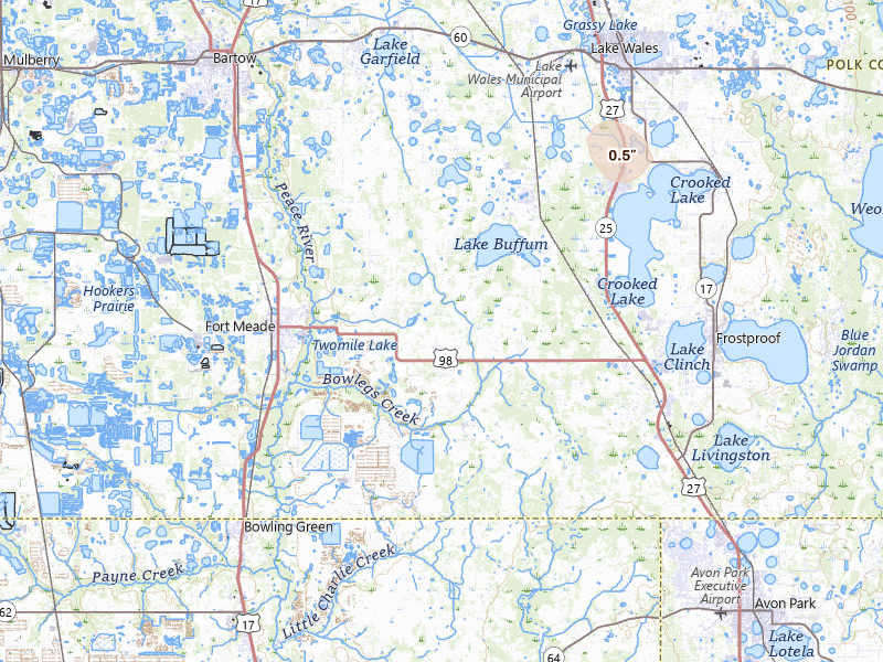 Radar-estimated hail-size map of the storm over Fort Meade, FL on Jul 4, 2026