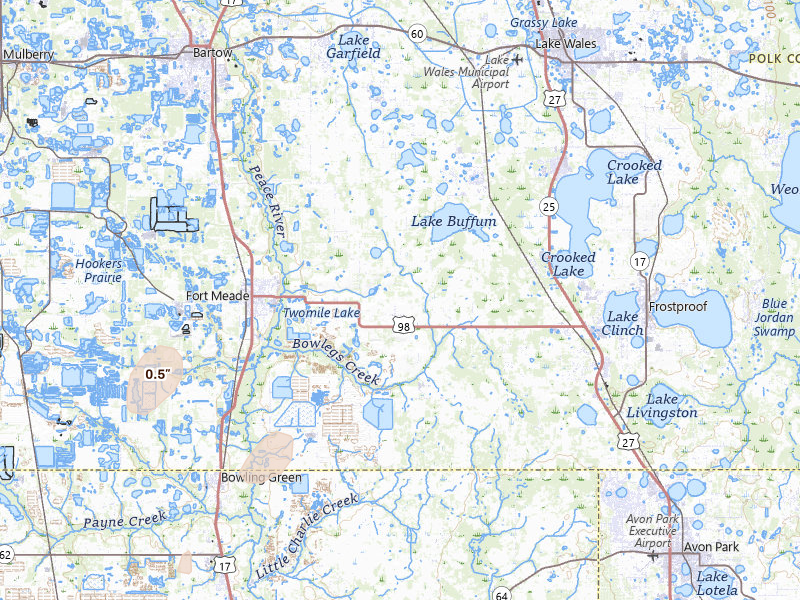 Radar-estimated hail-size map of the storm over Fort Meade, FL on Jul 12, 2026