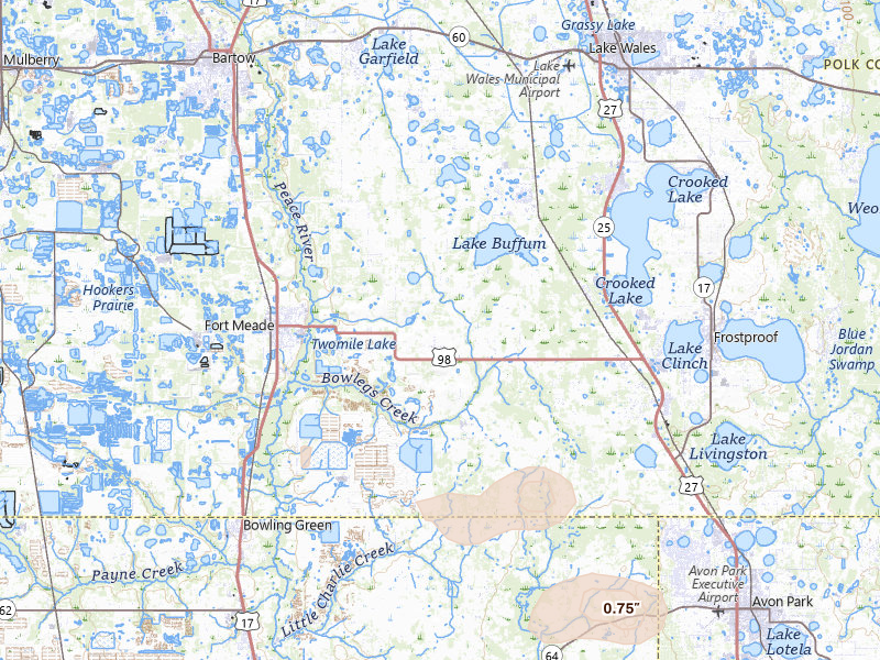 Radar-estimated hail-size map of the storm over Fort Meade, FL on Jul 13, 2026