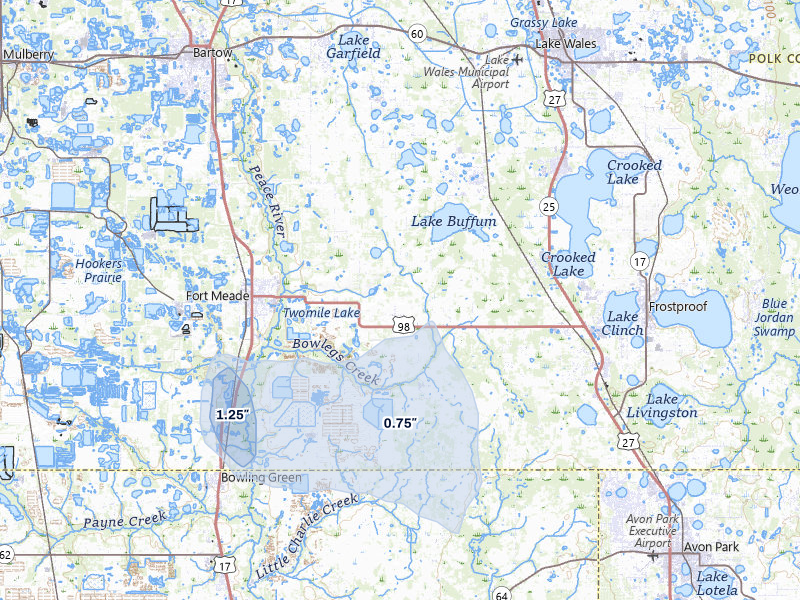 NEXRAD radar-signature map of the hail over Fort Meade, FL