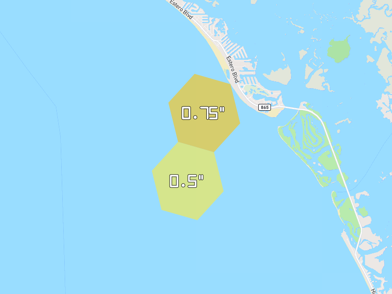 Hail map of Fort Myers Beach, FL on Jun 27, 2026, hail up to 0.75"