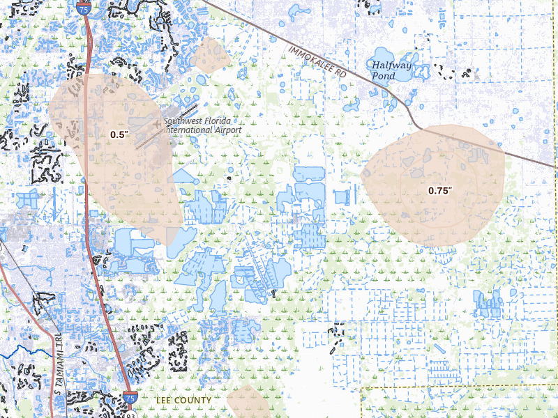 Radar-estimated hail-size map of the storm over Fort Myers, FL on Apr 2, 2026