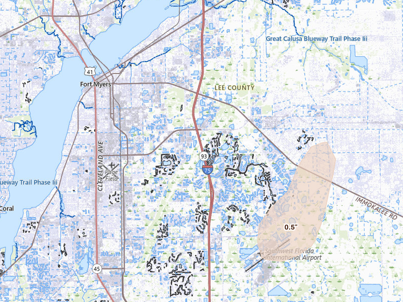 Radar-estimated hail-size map of the storm over Fort Myers, FL on Jun 27, 2026