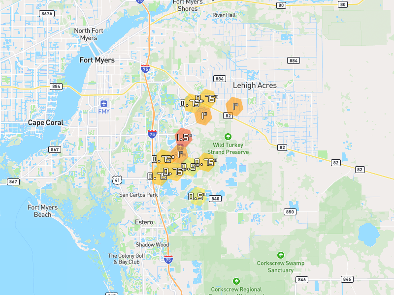 Hail map of Fort Myers, FL on Jun 27, 2026, hail up to 1.5"