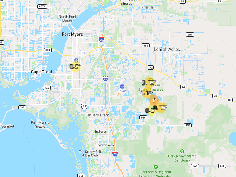 Hail map of Fort Myers, FL on Jul 1, 2026, hail up to 1"