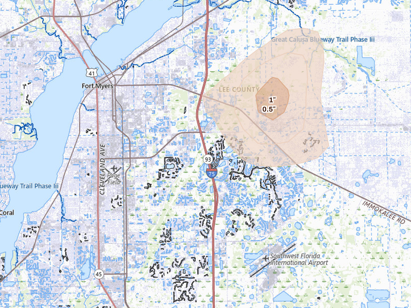 Radar-estimated hail-size map of the storm over Fort Myers, FL on Jul 2, 2026