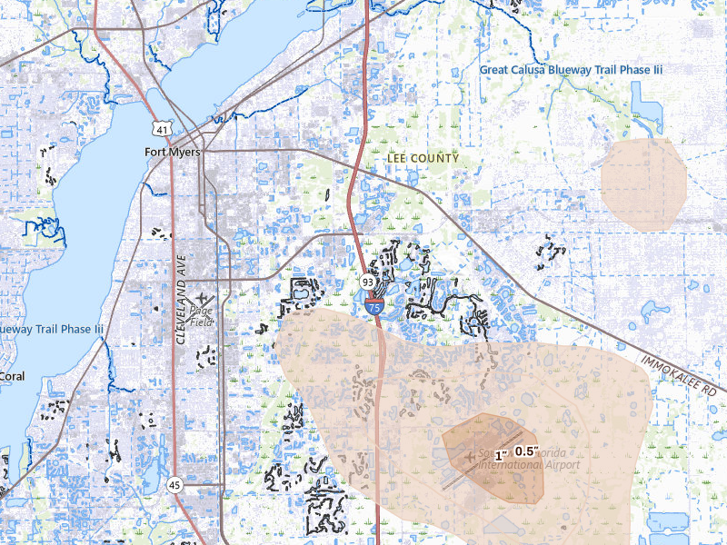 Radar-estimated hail-size map of the storm over Fort Myers, FL on Jul 10, 2026