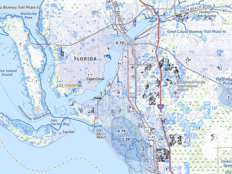 NEXRAD radar-signature map of the hail storm over Fort Myers, FL on Aug 5, 2026