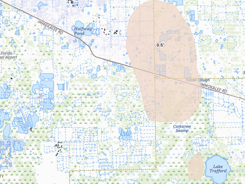 Radar-estimated hail-size map of the storm over Fort Myers, FL on Aug 7, 2026