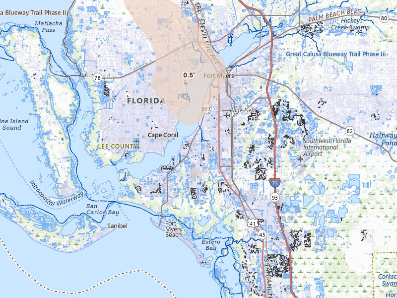 Radar-estimated hail-size map of the storm over Fort Myers, FL on Aug 9, 2026