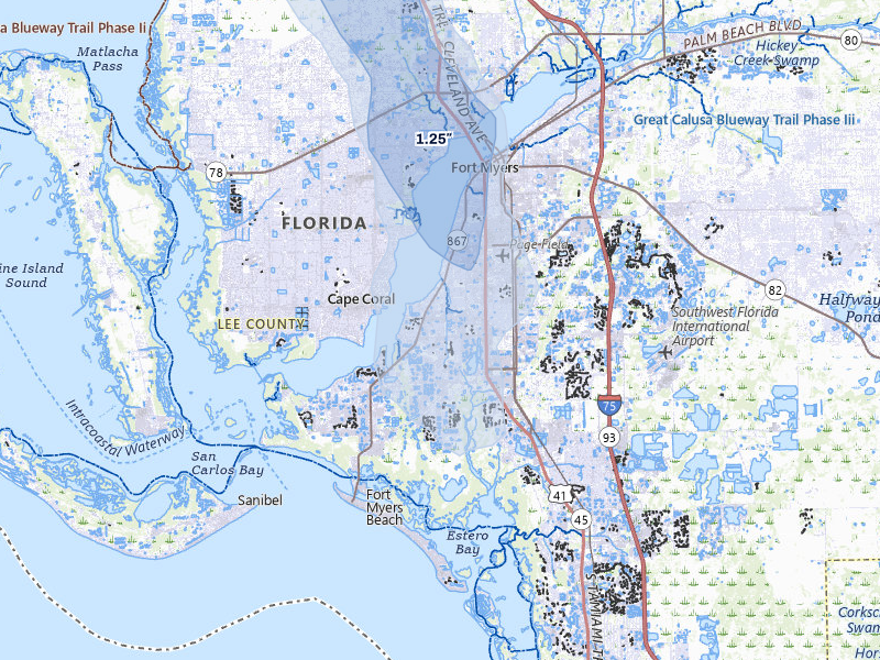 NEXRAD radar-signature map of the hail storm over Fort Myers, FL on Aug 9, 2026