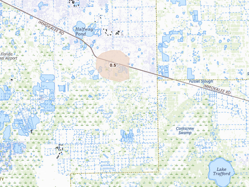 Radar-estimated hail-size map of the storm over Fort Myers, FL on Aug 25, 2026