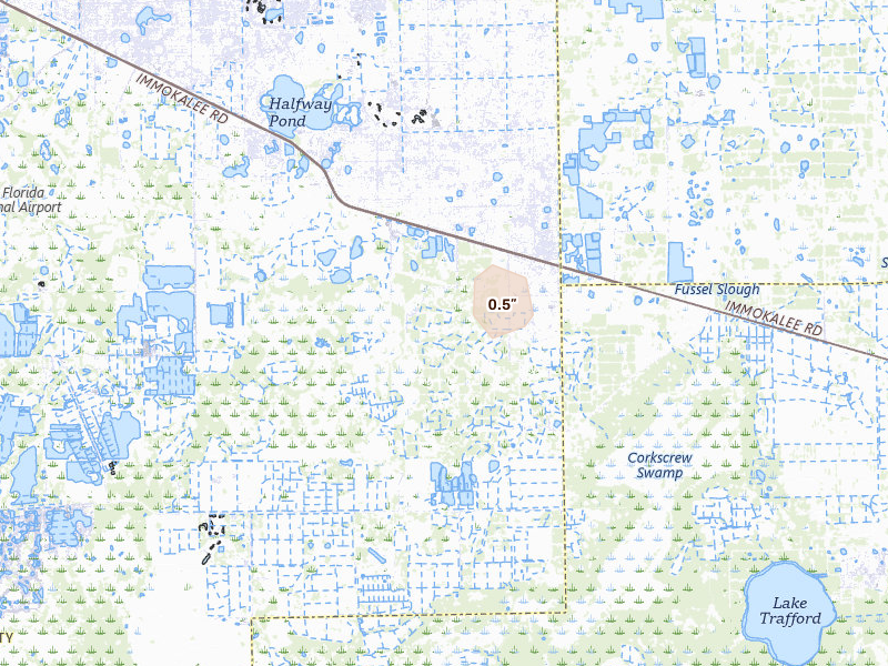 Radar-estimated hail-size map of the storm over Fort Myers, FL on Aug 28, 2026