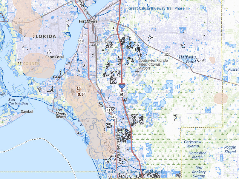 Radar-estimated hail-size map of the storm over Fort Myers, FL on Aug 29, 2026