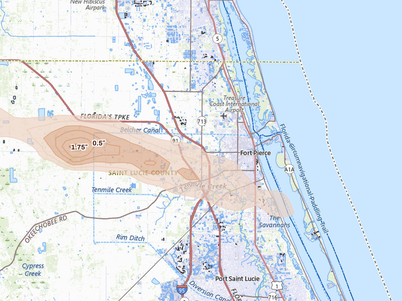 Radar-estimated hail-size map of the storm over Fort Pierce, FL on Feb 28, 2026