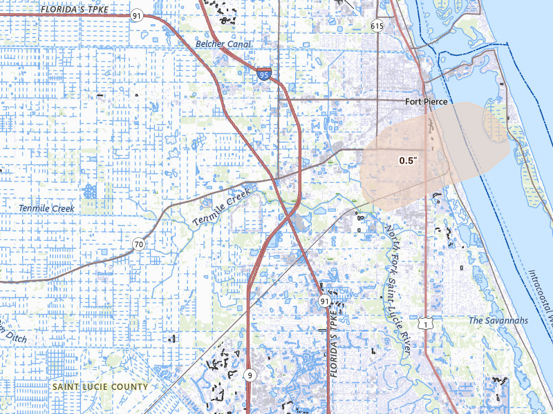 Radar-estimated hail-size map of the storm over Fort Pierce, FL on Jul 27, 2026