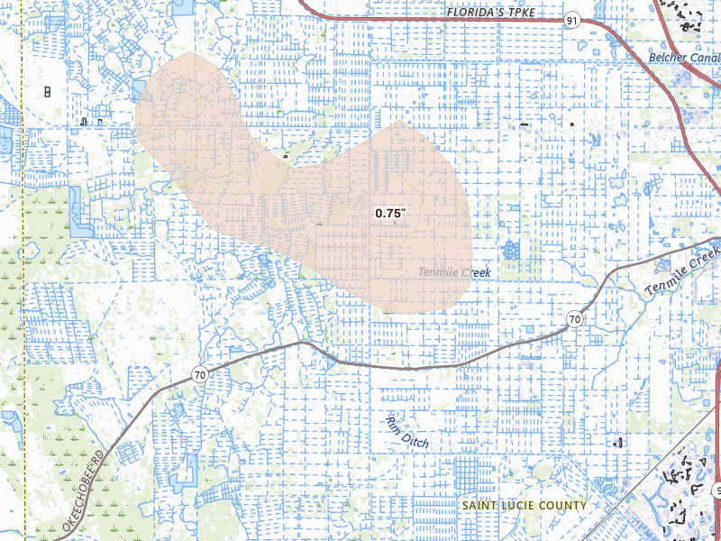 Radar-estimated hail-size map of the storm over Fort Pierce, FL on Aug 14, 2026