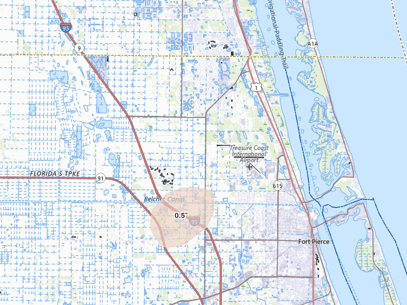 Radar-estimated hail-size map of the storm over Fort Pierce, FL on Aug 20, 2026