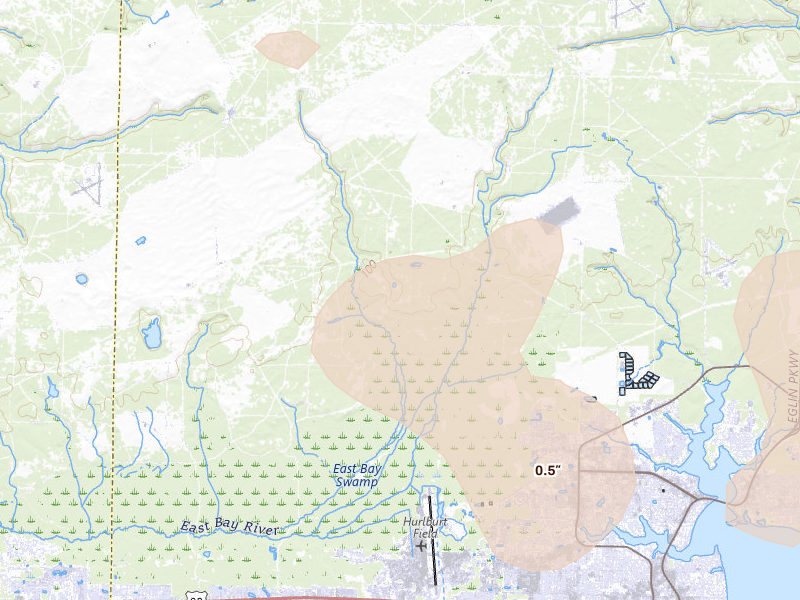 Radar-estimated hail-size map of the storm over Fort Walton Beach, FL on Aug 19, 2026