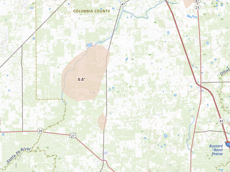 Radar-estimated hail-size map of the storm over Fort White, FL on May 24, 2026