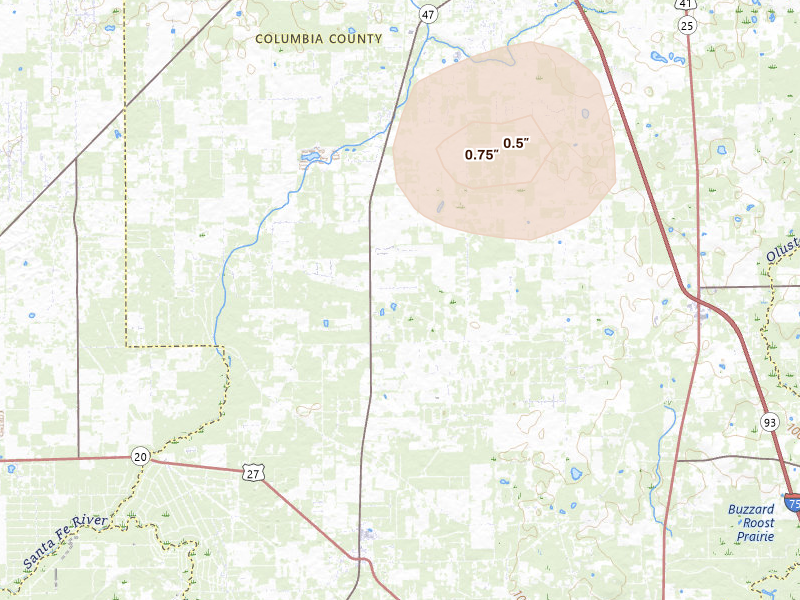 Radar-estimated hail-size map of the storm over Fort White, FL on Jun 20, 2026