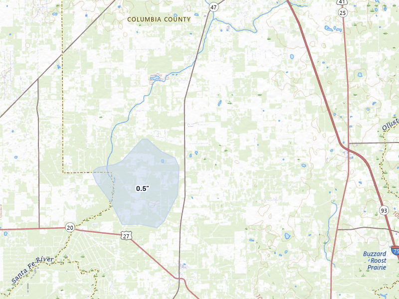 NEXRAD radar-signature map of the hail storm over Fort White, FL on Jul 30, 2026