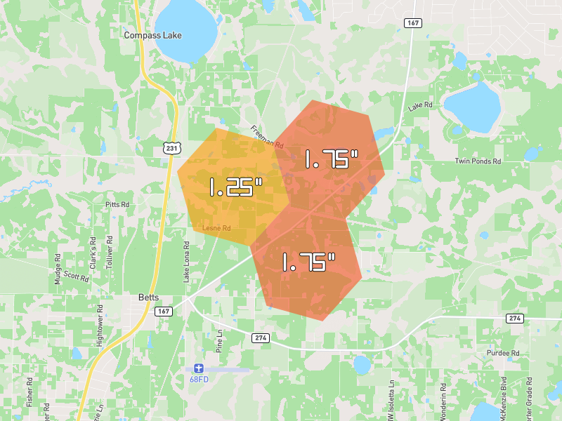 Hail map of Fountain, FL on Jun 30, 2026, hail up to 1.75"