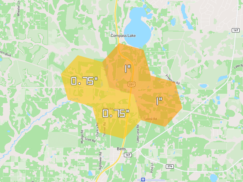 Hail map of Fountain, FL on Jul 1, 2026, hail up to 1"
