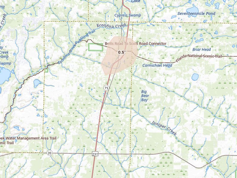 Radar-estimated hail-size map of the storm over Fountain, FL on Jul 18, 2026