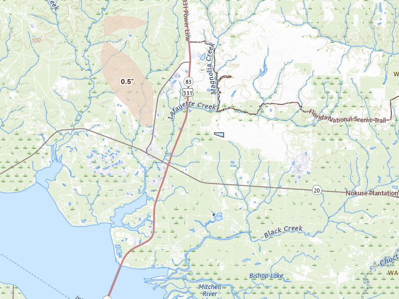 Radar-estimated hail-size map of the storm over Freeport, FL on Jun 23, 2026