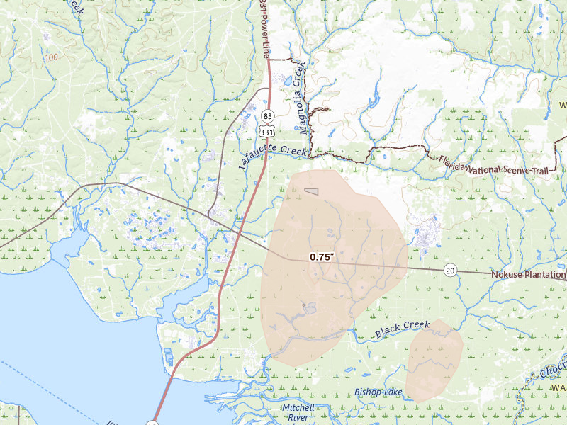 Radar-estimated hail-size map of the storm over Freeport, FL on Jul 30, 2026
