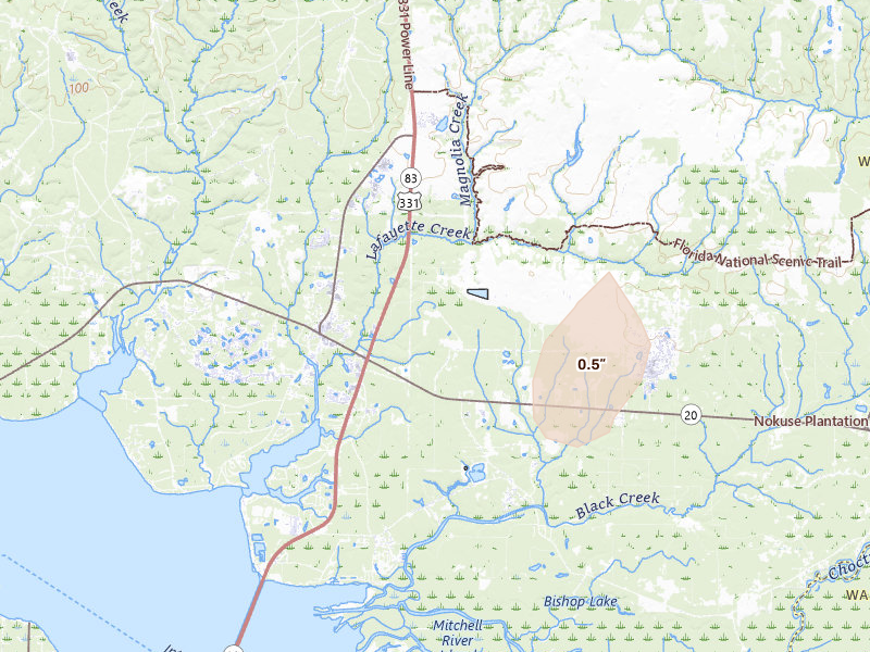Radar-estimated hail-size map of the storm over Freeport, FL on Aug 19, 2026