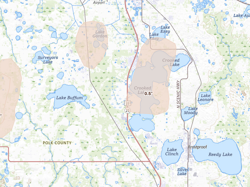 Radar-estimated hail-size map of the storm over Frostproof, FL on Mar 15, 2026